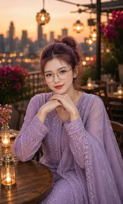 Consistent Cinematic Photo Sequence of a Woman in Lavender Pakistani Outfit