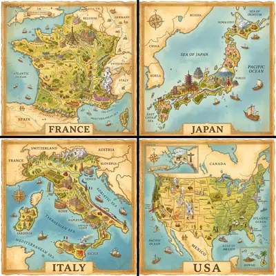 Vintage isometric map illustration of a country