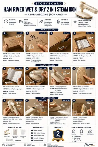 12-panel ASMR unboxing storyboard for a steam iron