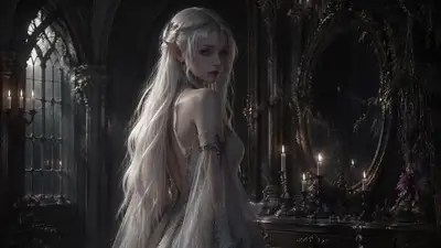 Gothic fantasy elf woman in candlelit castle room