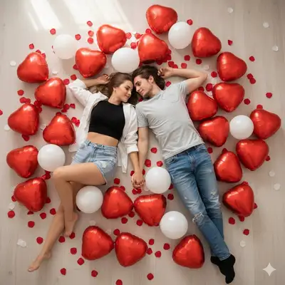 Romantic overhead shot of a couple surrounded by heart balloons