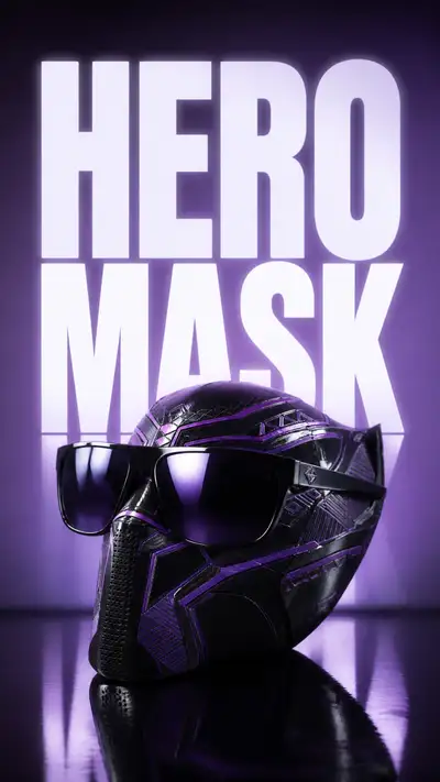 3D printed mask promo poster with sculptural sunglasses