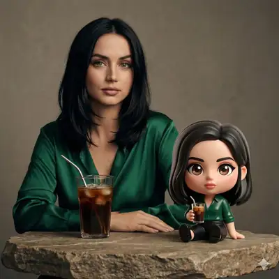 Cinematic cafe portrait with a mini chibi collectible figure