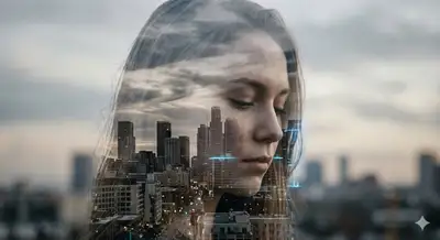 Double exposure portrait blending a woman's silhouette with a city skyline