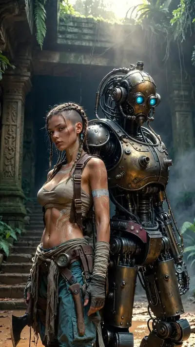 Sci-Fi-Abenteurer und Steampunk-Mecha am Dschungelgrab