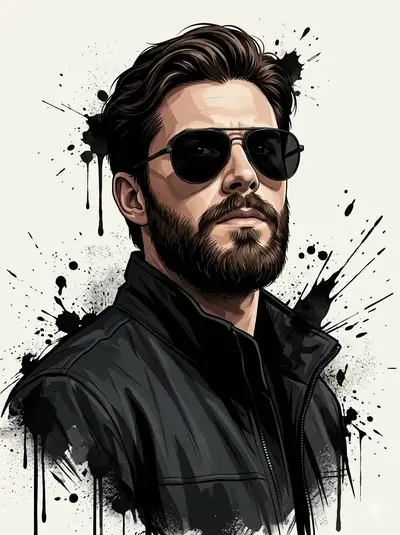 Hombre barbudo con chaqueta streetwear y fondo de póster con salpicaduras de tinta