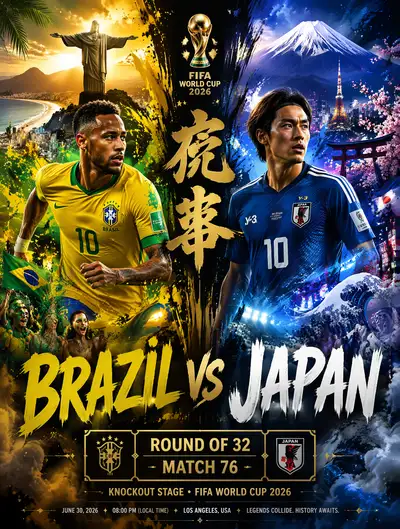 FIFA World Cup 2026 Brazil vs Japan knockout match poster
