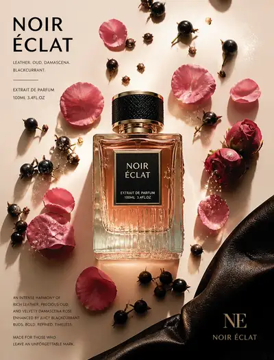 High-key perfume bottle photography with blackcurrant and rose petals