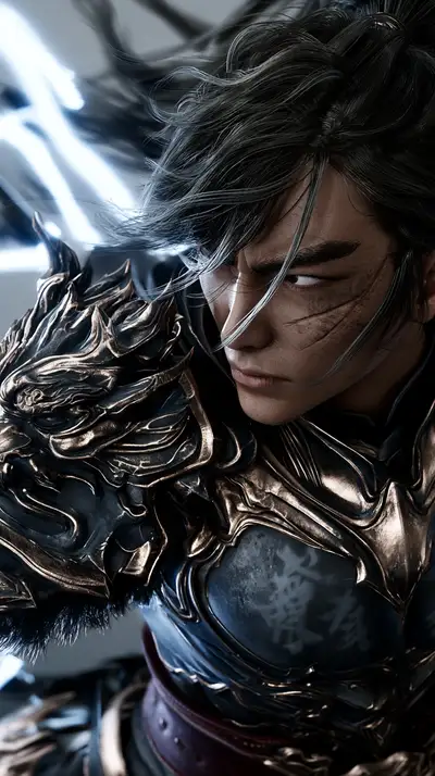 Cinematic 3D war god warrior in ornate armor amid misty rain
