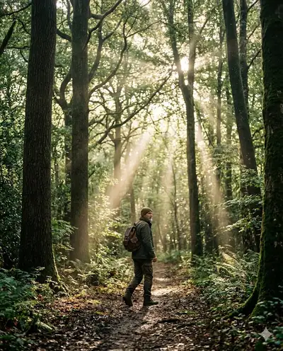 Man Among Trees with Sun Rays