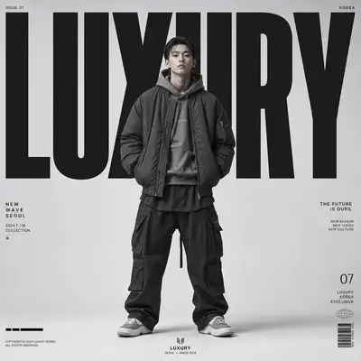 Korean luxury streetwear editorial poster