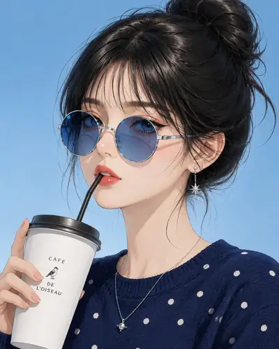 Retrato editorial de moda anime com suéter de bolinhas e xícara de café