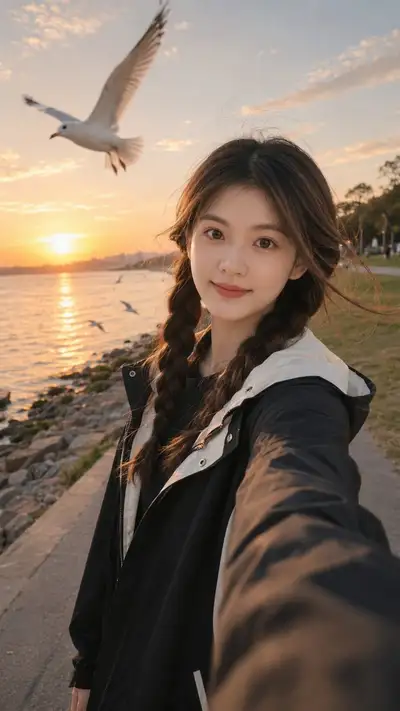 Golden-Hour Seaside Selfie Portrait