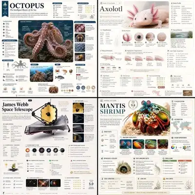 Museum-style 2x2 scientific infographic grid of four subjects