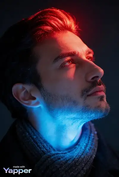 Retrato de perfil con neón rojo y azul en luz dividida