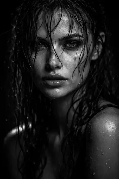 Retrato cinematográfico en blanco y negro ultra realista bajo la lluvia