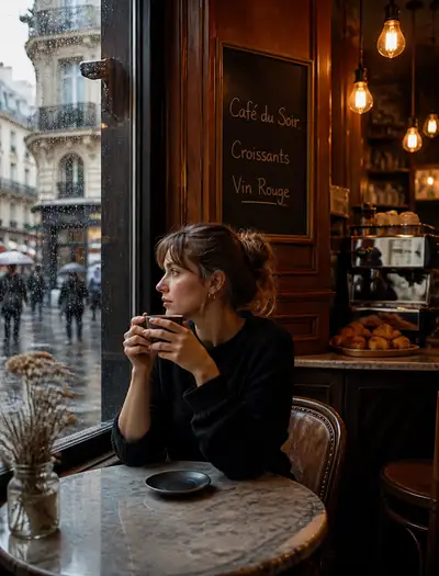 Cinematic Parisian Cafe Rainy Day Portrait