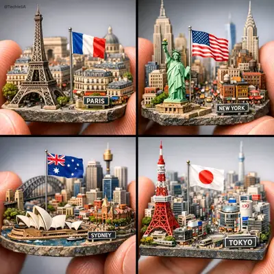 Miniature city diorama held between two fingers