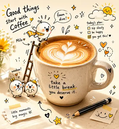 Coffee cup doodle illustration with a tiny climbing character