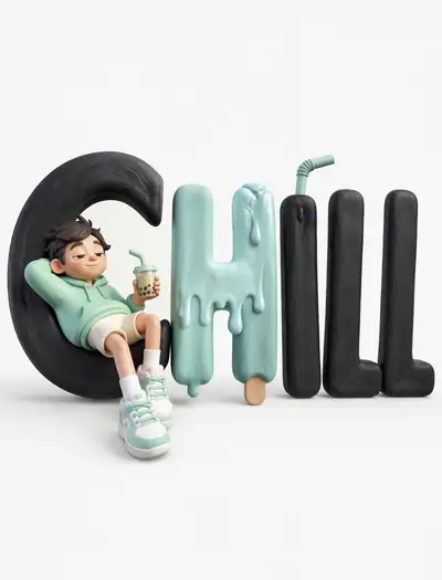 Clay Character Lounging on CHILL Typography