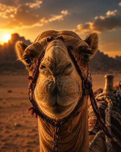 Extreme Nahaufnahme eines arabischen Kamels zur goldenen Stunde