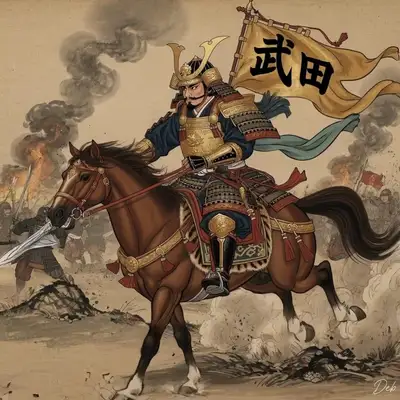 Sengoku-Zeit-Kriegsherr galoppiert in goldener Ruestung in die Schlacht
