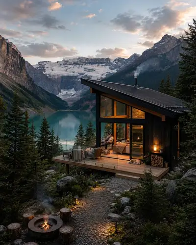 Luxury Mountain Cabin by an Alpine Lake at Sunset