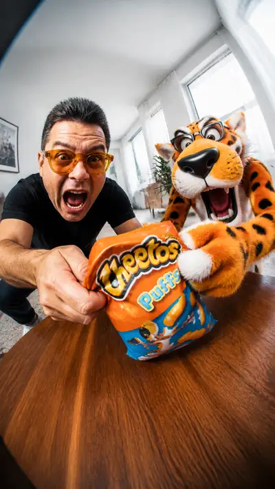Fisheye portrait of a man wrestling a mascot for chips