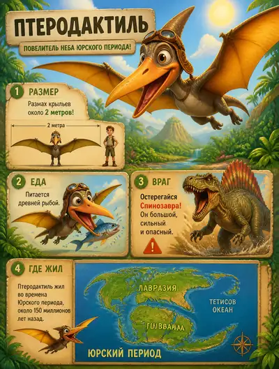 Children's Pixar-style infographic of a flying dinosaur