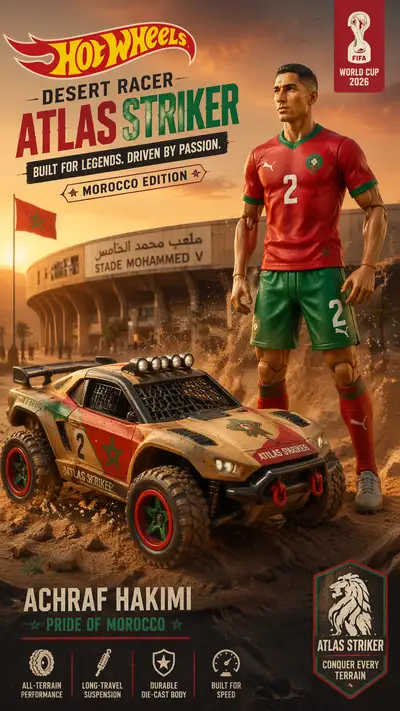 Hot Wheels poster of Achraf Hakimi as Atlas Striker car