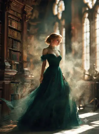 Retrato etéreo com vestido de gala em uma biblioteca gótica ensolarada