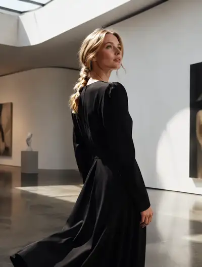 Woman in black midi dress in a modern white gallery