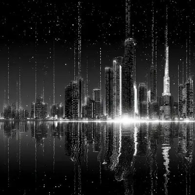 Black-and-White Vector Cityscape with Data Streams