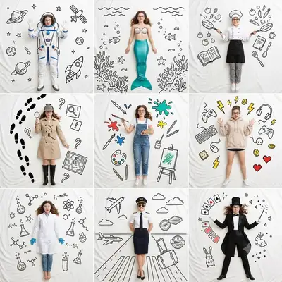 3x3 collage of playful doodle profession scenes