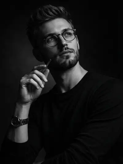 Black and white studio portrait with Rembrandt lighting and pencil prop