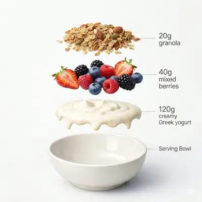 Exploded Greek yogurt bowl infographic with floating ingredient layers