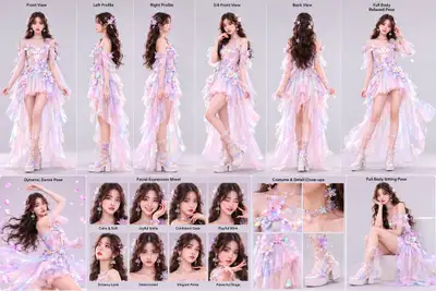 Fiche de personnage de production d'une idole K-pop aux poses cohérentes