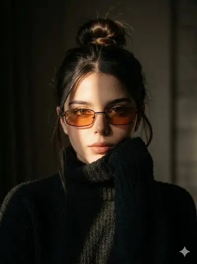 Portrait cinématographique à l'ambiance intense avec rayon de soleil et lunettes orange