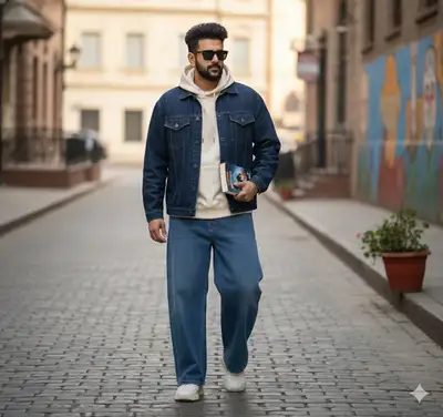 Démarche assurée en denim façon streetwear sur une rue pavée