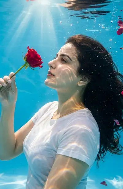 Retrato cinematográfico subaquático com rosa, rosto preservado