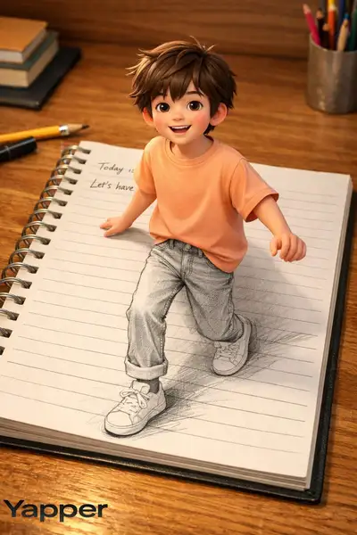 Niño saliendo en 3D de una ilustración de cuaderno, Nano Banana