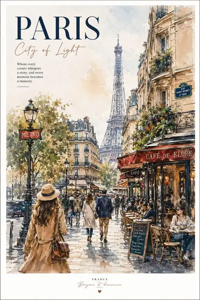 Vintage-Aquarell-Reiseposter von Paris und Kyoto
