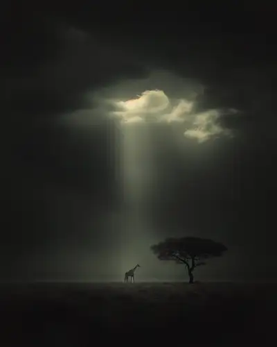 Minimal giraffe under cinematic sunlight