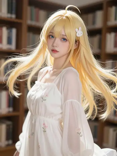 Anime character illustration in a library with floral dress