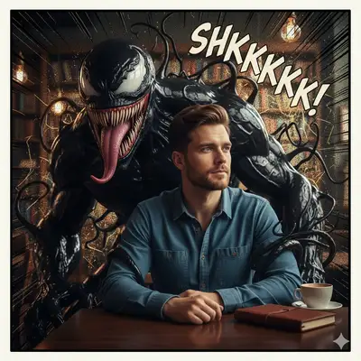 Venom-artiges Wesen im Café-Comic-Stil