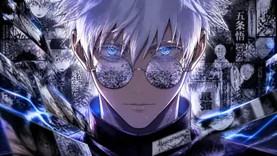 Anime manga collage poster with reflective sunglasses effect