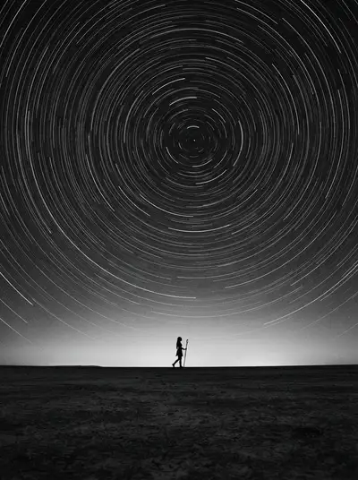 Frieren silhouette long-exposure star trails photo prompt