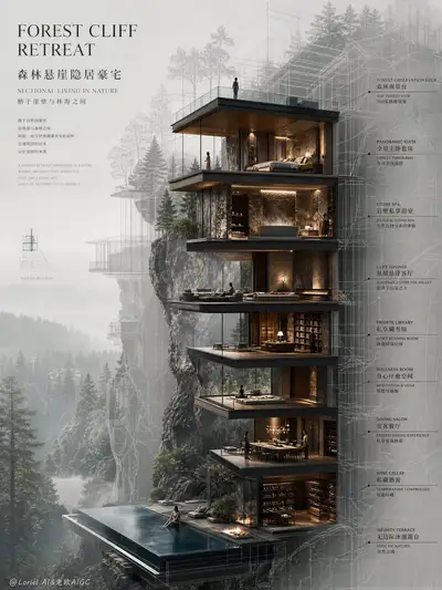 Wireframe architectural poster of a hidden forest cliff mansion