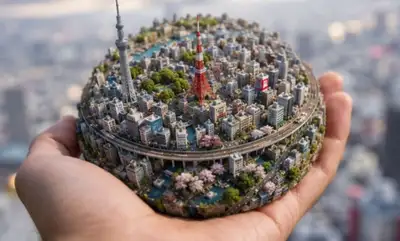Miniature city skyline grows from an open palm