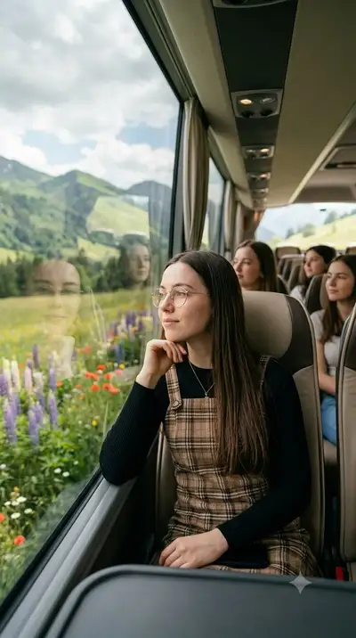 Cinematic Travel Portrait on Luxury Bus
